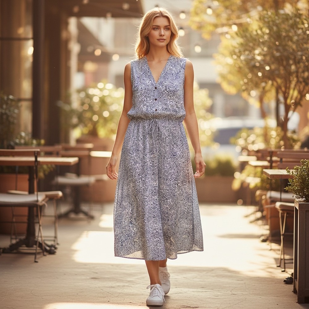 Hilary Radley Dress Women's 6 Blue Animal Print Sleeveless V-Neck Cinched Waist